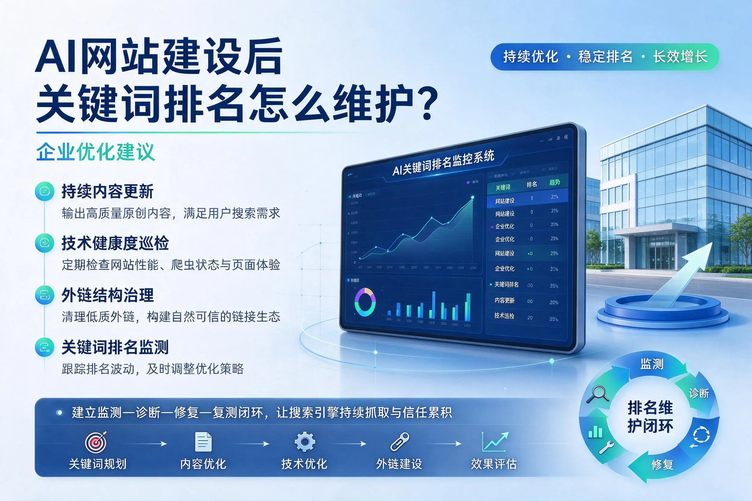 AI网站建设后关键词排名怎么维护？金华企业优化建议