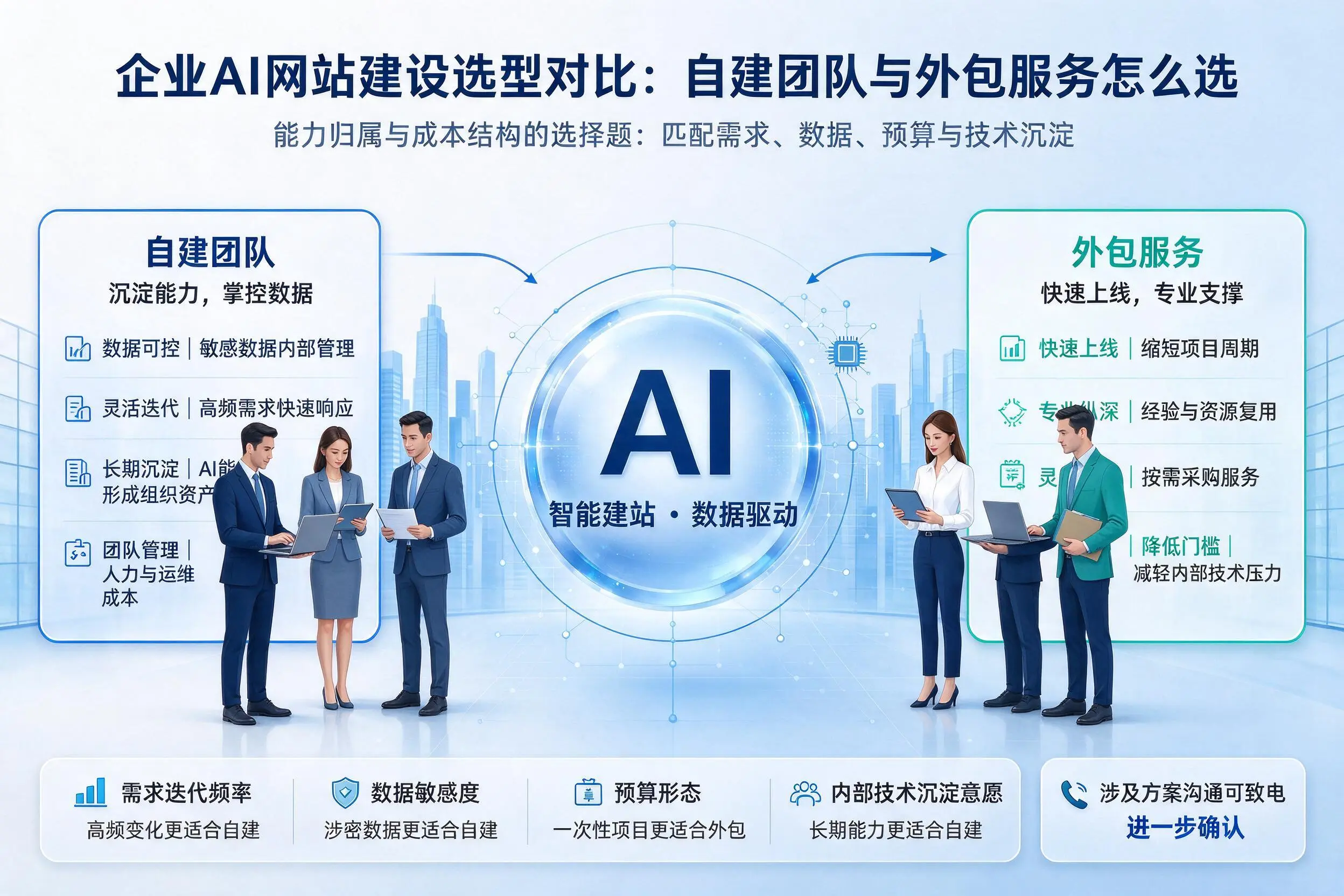 金华企业AI网站建设选型对比:自建团队与外包服务怎么选